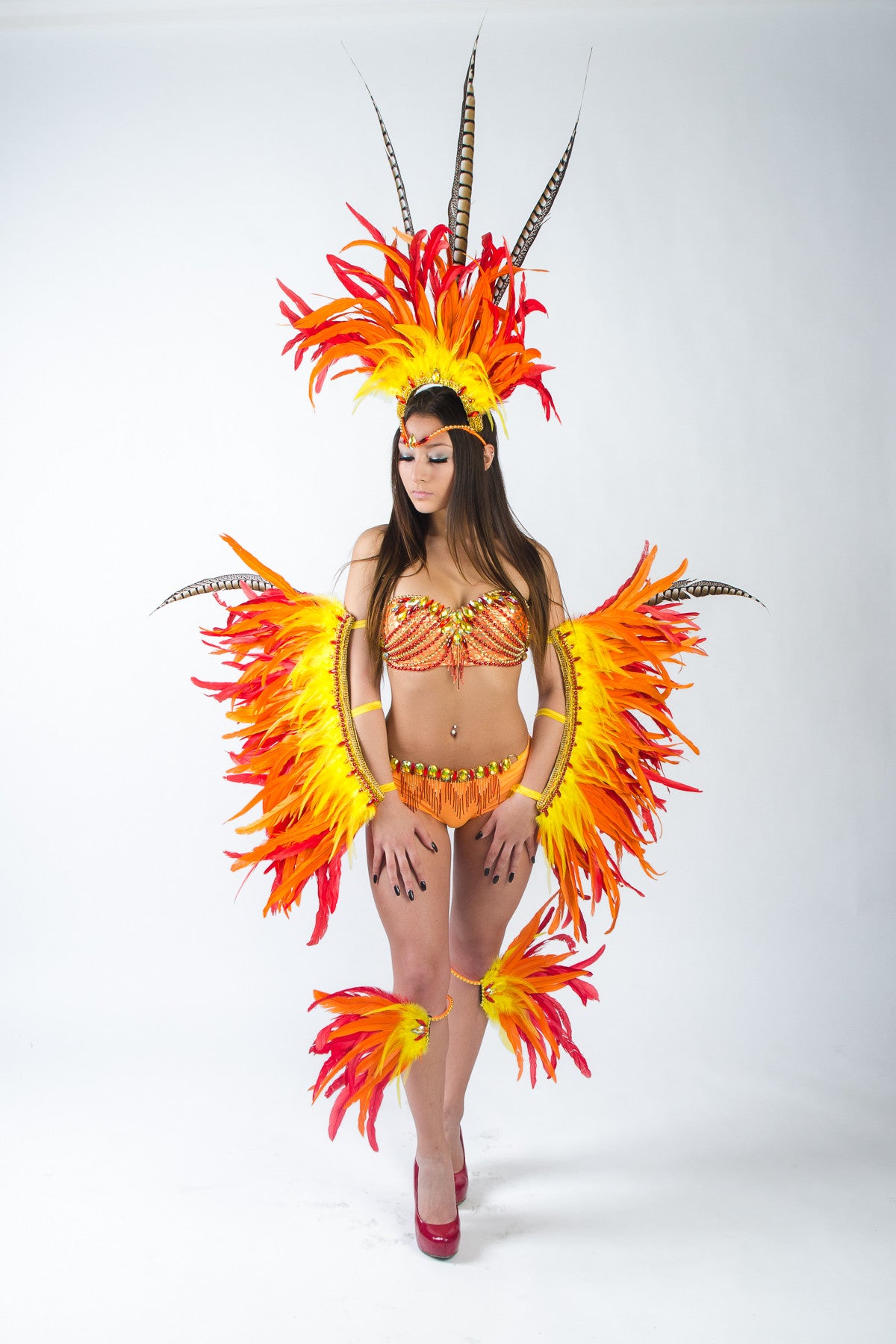 CUSTOM SIZE Phoenix With Peacock Feathers Rave Bra Outfit Edc Cosplay  Costume Samba Carnival Feathered Feathers Fire Girl Flames Adult 